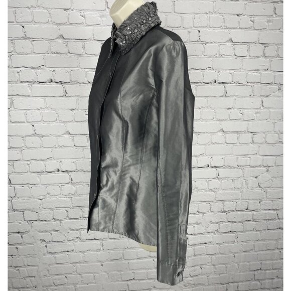 Lafayette 148 Grey Metallic 100% Silk Button Embellished Collar Shirt 8 *tear - Picture 7 of 11
